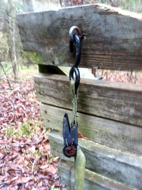 This homemade ladder stand in Alabama had been removed from the tree, thankfully. Rotting wood, rusty metal, frayed straps and all of that's a recipe for disaster.