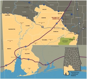 Alabama's deer season for 2013-14 will include this portion of the southwest corner of the state with dates into February for the first time. Fetal surveys in this area indicate breeding dates throughout February, after the traditional Jan. 31 closure, and state officials shifted season dates to coincide with breeding periods. (Graphic: Alabama DCNR)