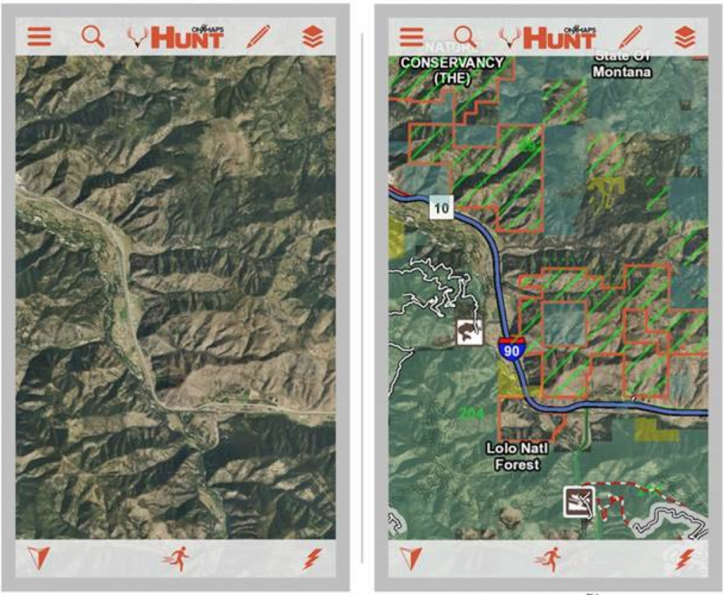 A before-and-after comparison of maps with the OnXMaps technology that provides more information for your traveling and hunting. Studying maps, whether paper or online, of public land may give you a greater understanding of where to consider hunting.