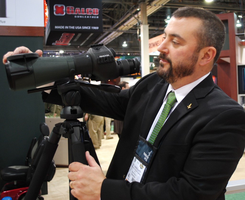 Rob Lancelloti of Swarovski Optik demonstrating the new Swarovski spotting scope (DDH Photo: Darren Warner)
