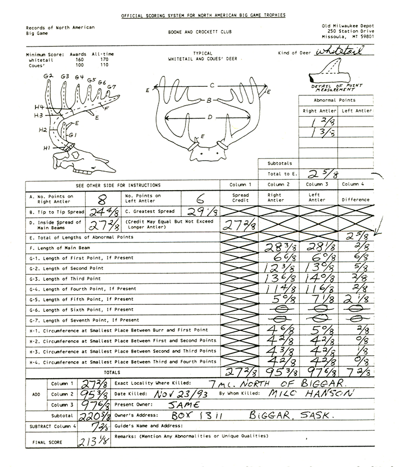 Score sheet for the Milo Hanson buck
