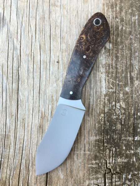 Josh Bryant’s Mini Green River Skinner is made with a 2 3/4-inch blade out of CPM 154 steel. The handle is made of dyed stabilized maple burl. Overall length is 6 inches. Maker’s list price: $180 with leather sheath made by the maker. Contact Josh Bryant at jsbryan@okstate.edu, on Facebook at JB Custom Knives and on Instagram @jb_custom_knives.