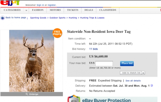 eBay Auction for Iowa Deer Tag
